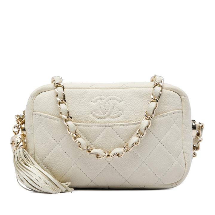 Matelassé Coco Pompon Camera Étui Mini Cuir caviar Blanc