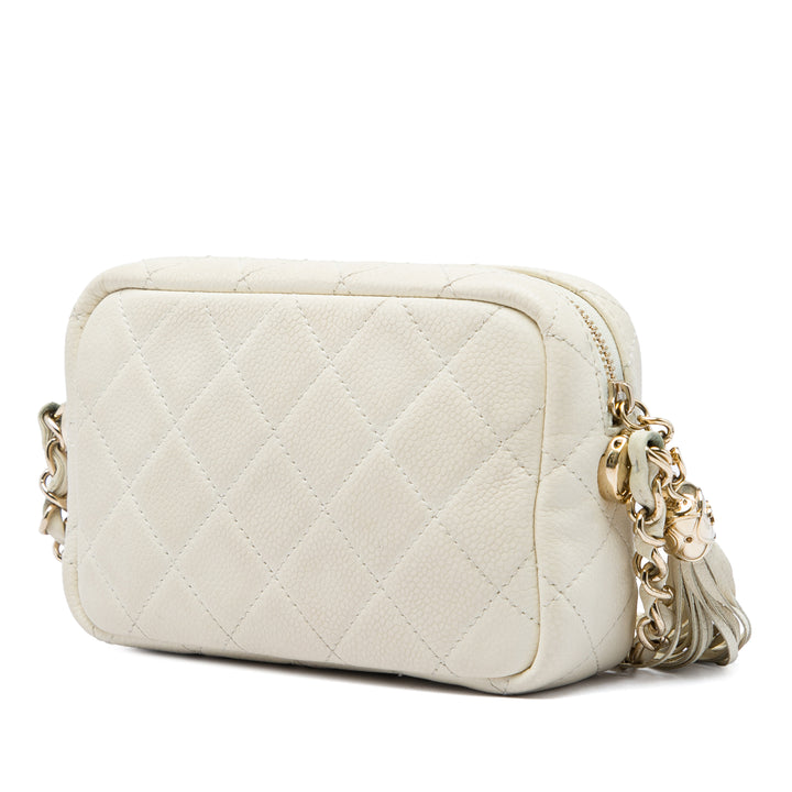 Matelassé Coco Pompon Camera Étui Mini Cuir caviar Blanc