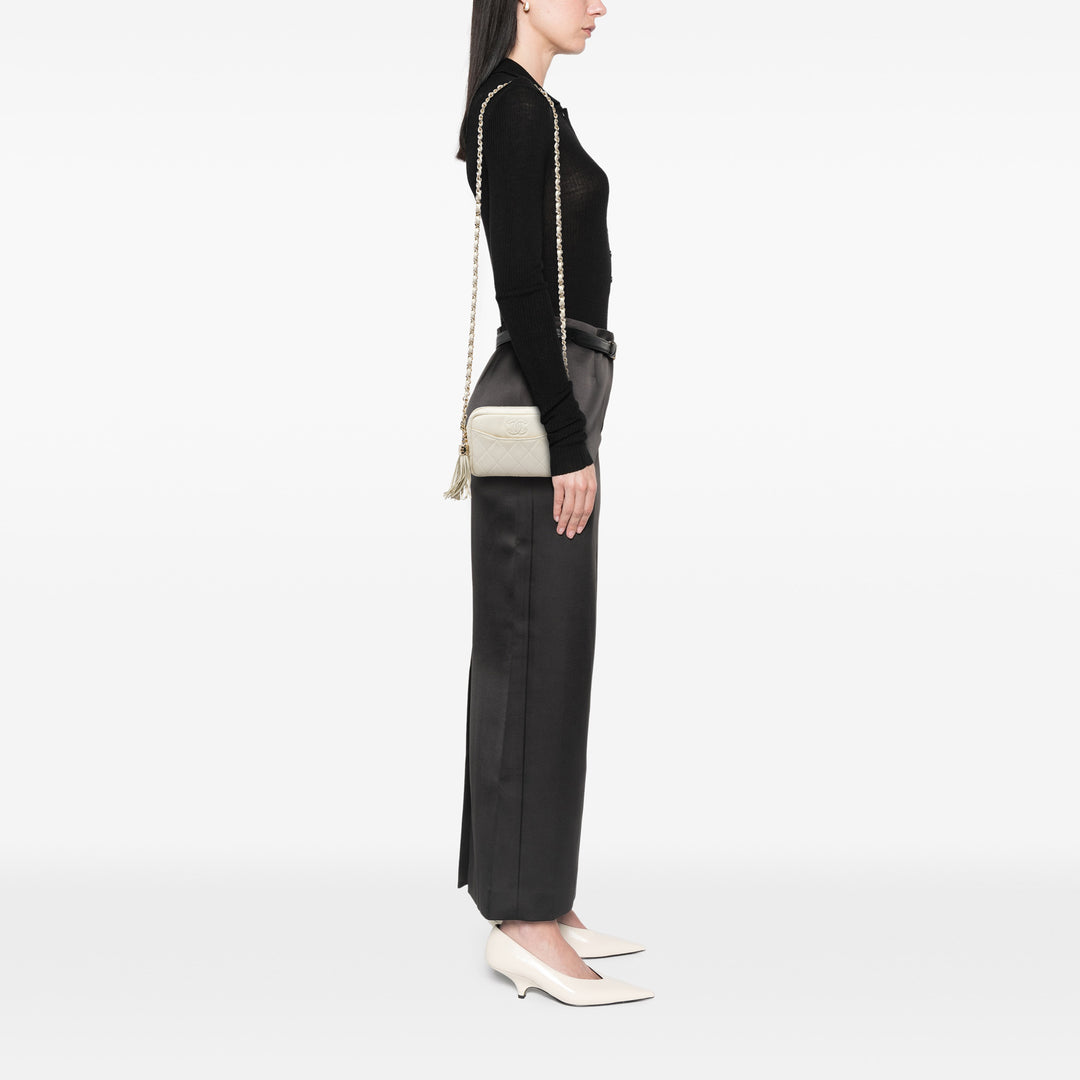 Matelassé Coco Pompon Camera Étui Mini Cuir caviar Blanc