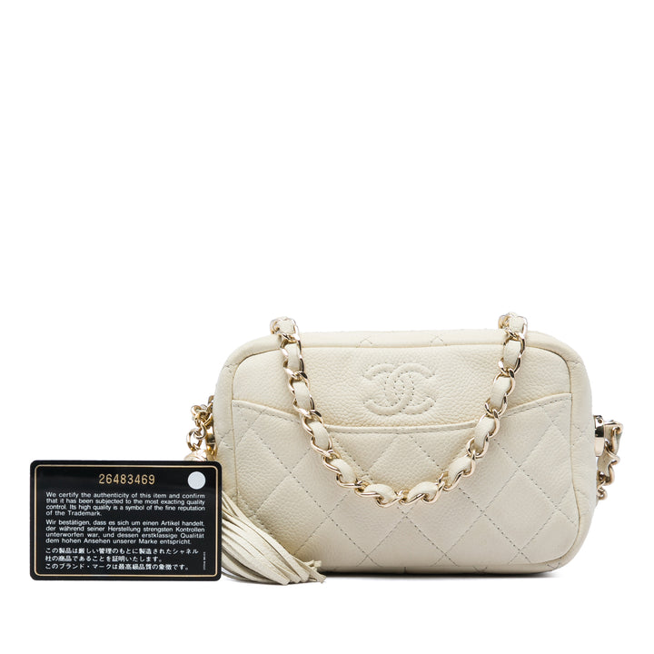 Matelassé Coco Pompon Camera Étui Mini Cuir caviar Blanc
