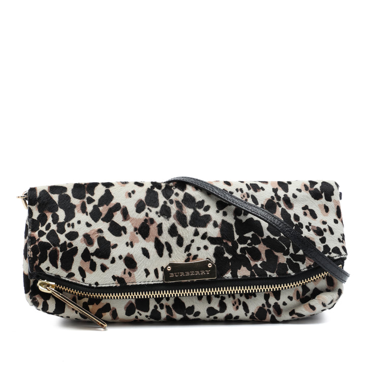 Leopard Imprimé Veau Hair Fold Over Pochette Matière naturelle Blanc