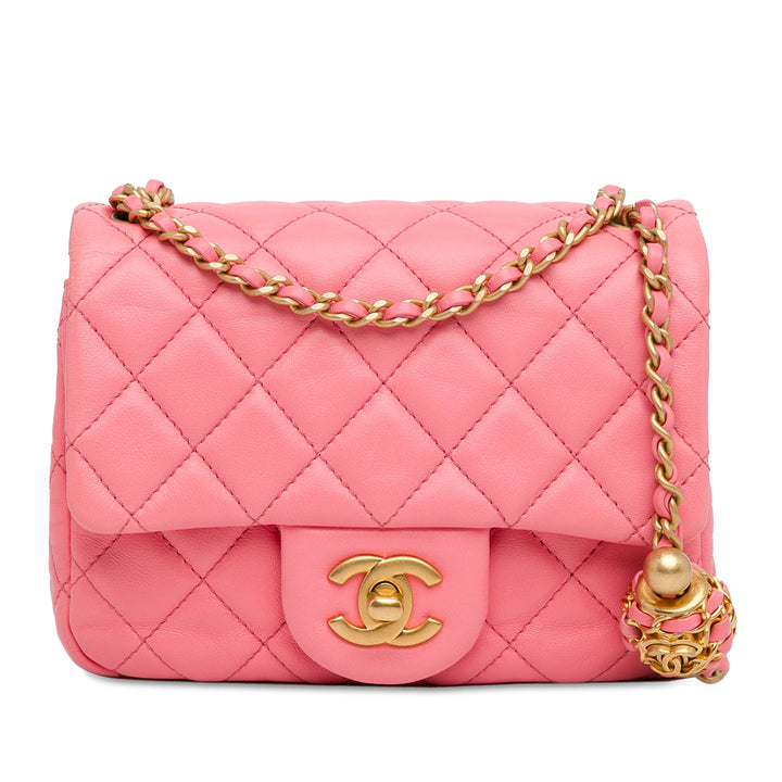 Mini Square Classic Lambskin Pearl Crush Flap Pink - Gaby Paris