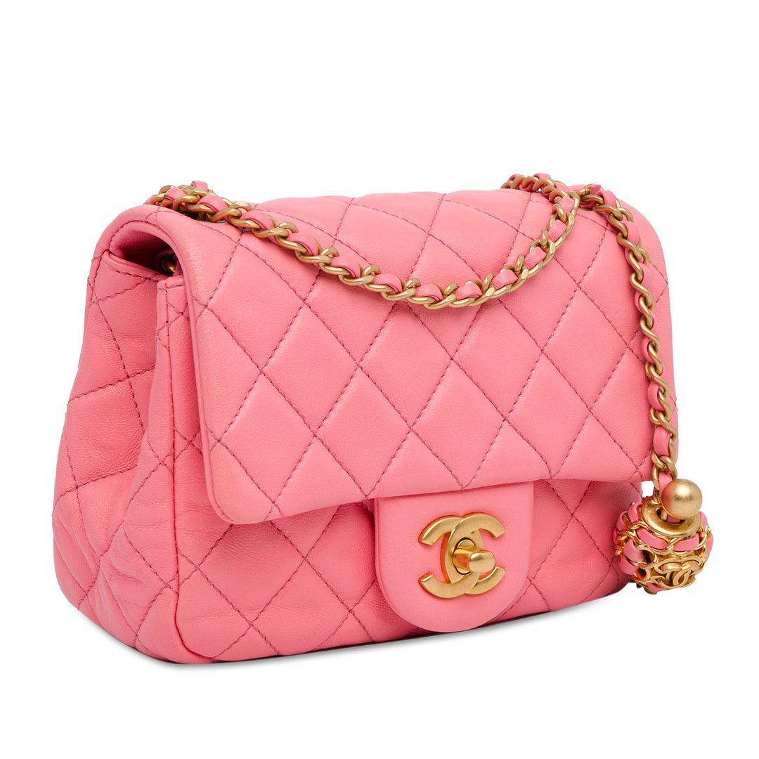 Mini Square Classic Lambskin Pearl Crush Flap Pink - Gaby Paris