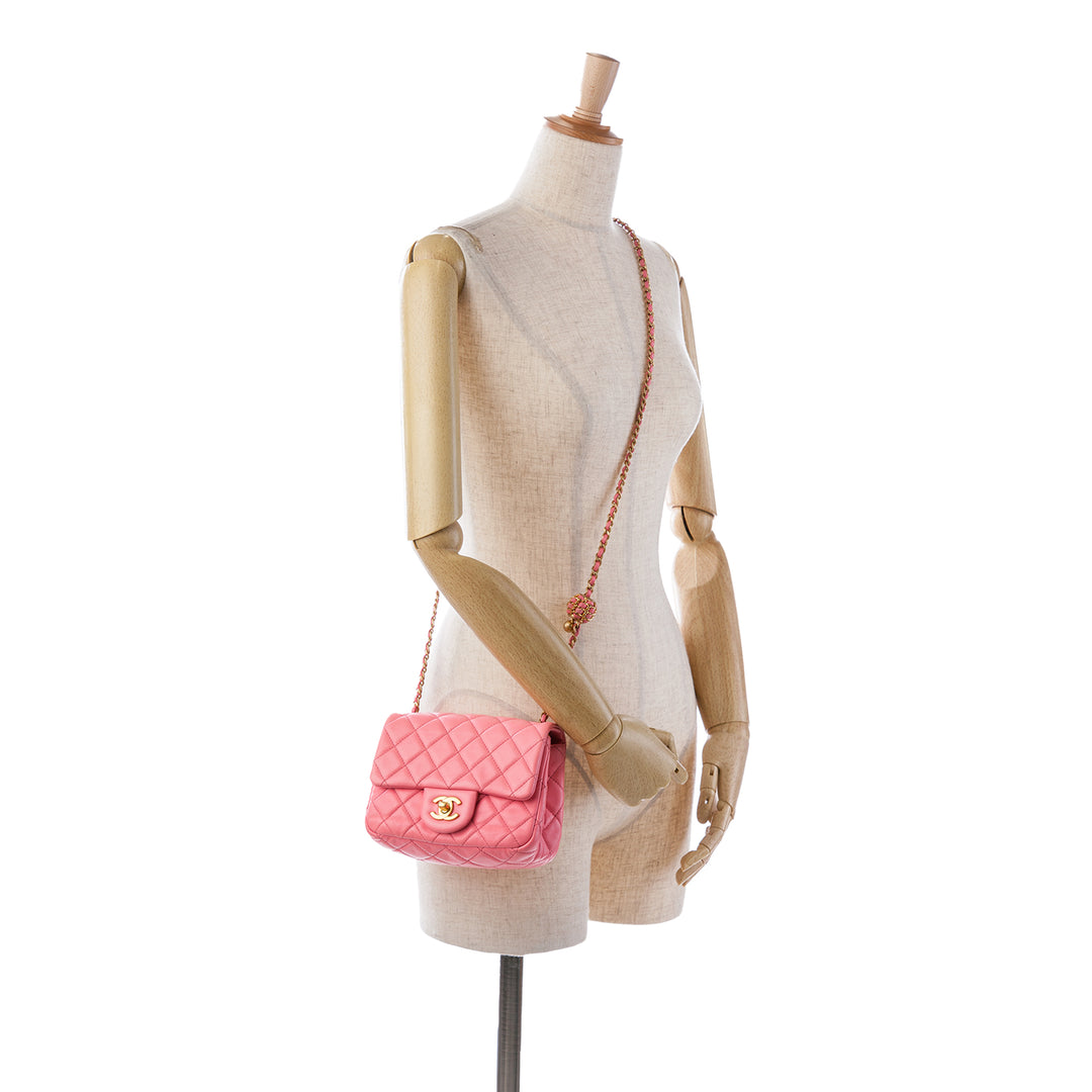 Mini Square Classic Lambskin Pearl Crush Flap Pink - Gaby Paris