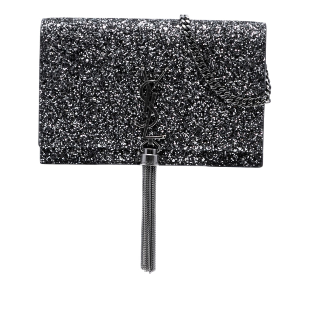 Saint Laurent Metallic Glitter Monogram Kate Pompon Chain Portefeuille