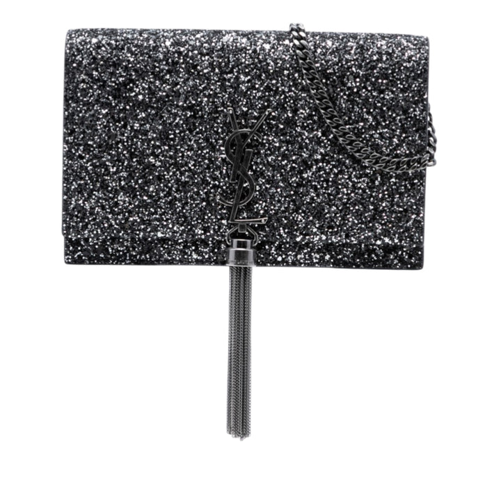Saint Laurent Metallic Glitter Monogram Kate Pompon Chain Portefeuille