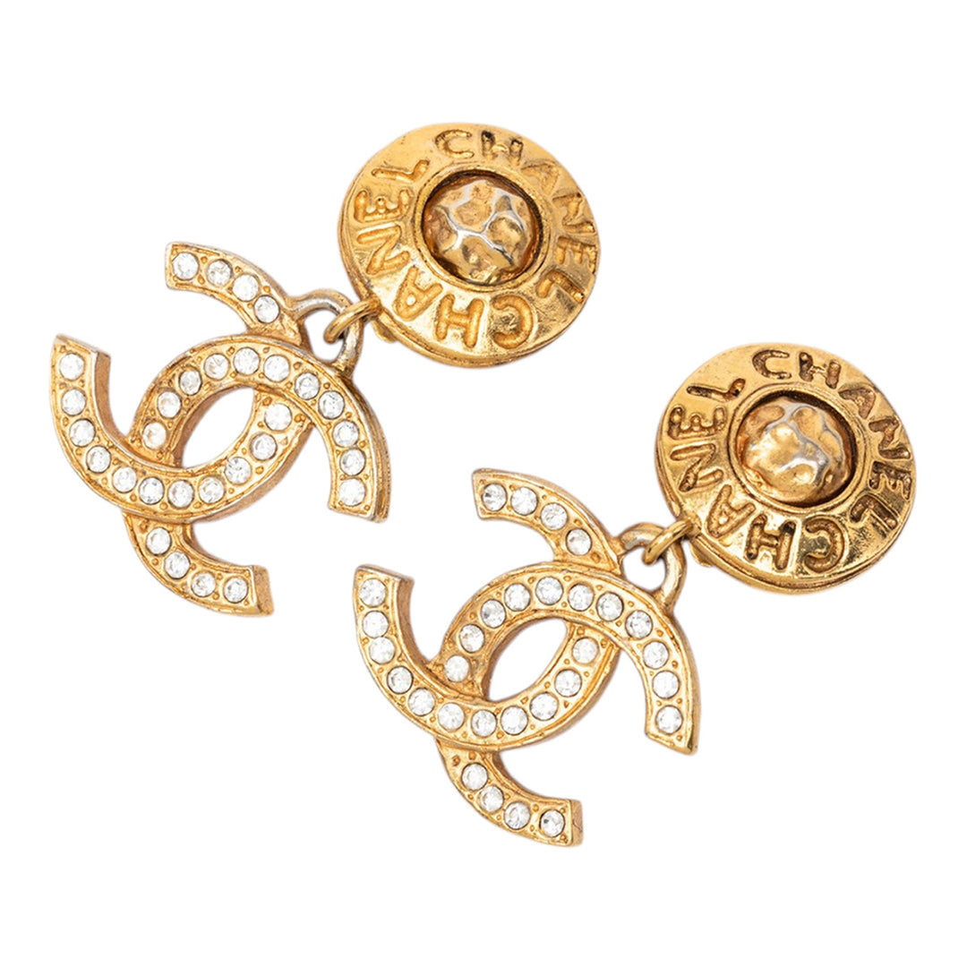Chanel plaqué CC Strass pendantes Clip On Boucles d’oreilles