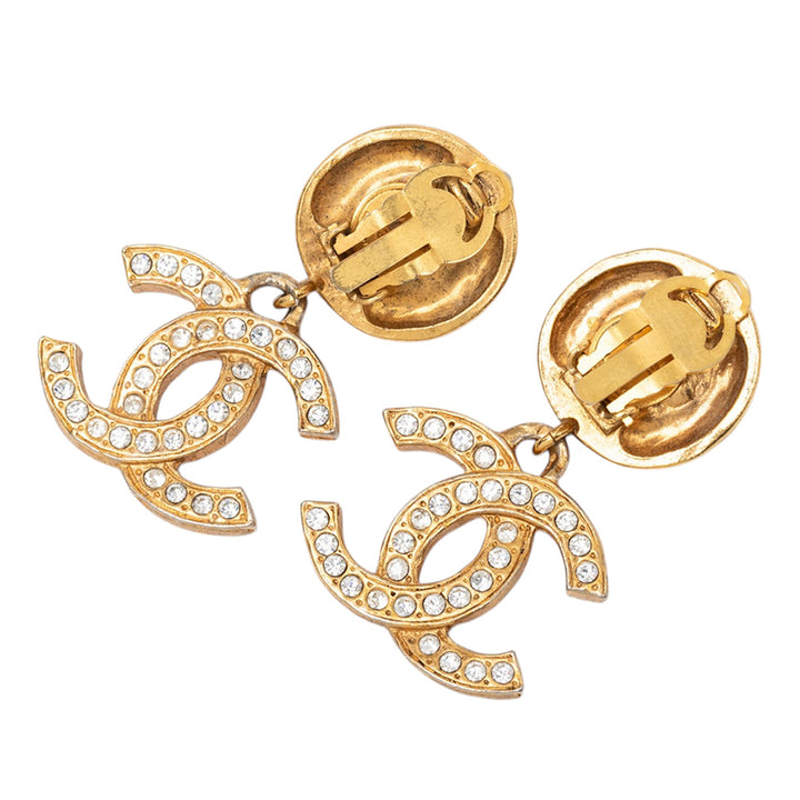 Chanel plaqué CC Strass pendantes Clip On Boucles d’oreilles