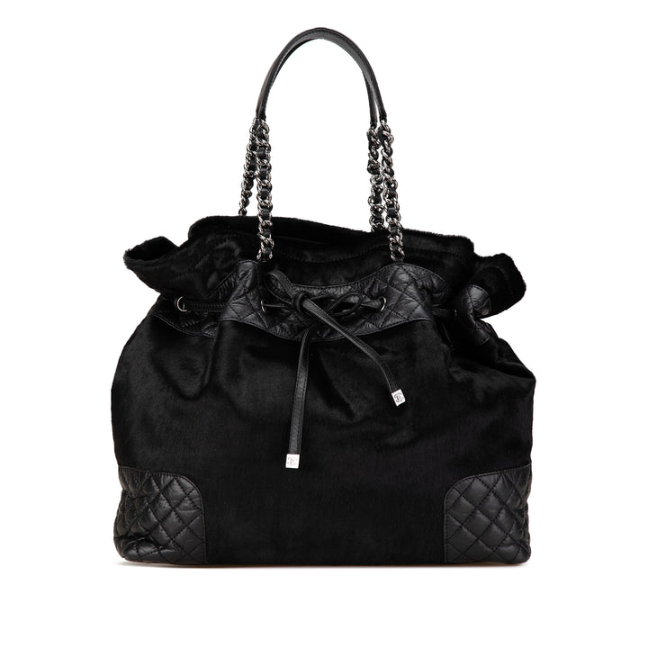 Pony Hair and Quilted Aged Calfskin Drawstring Tote Black - Gaby Paris