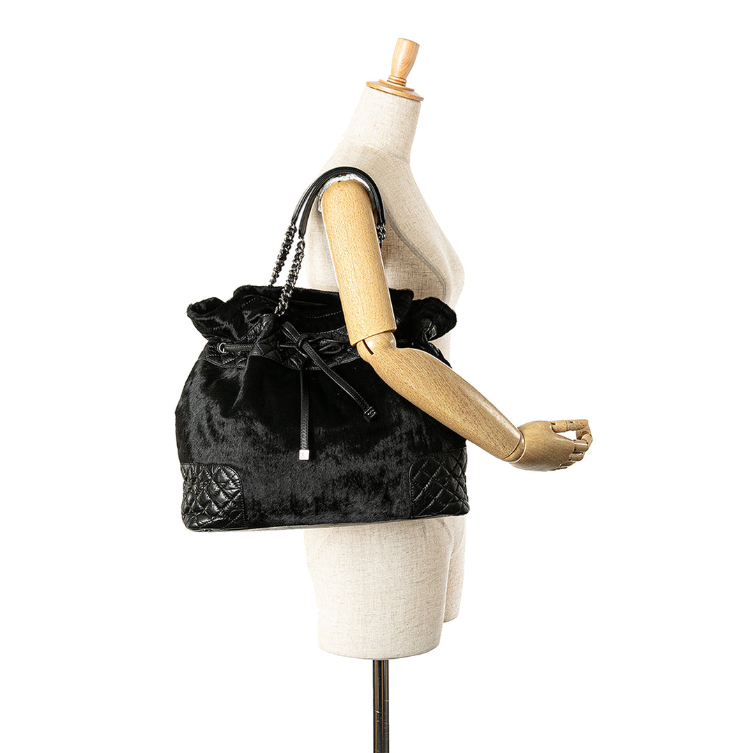 Pony Hair and Quilted Aged Calfskin Drawstring Tote Black - Gaby Paris