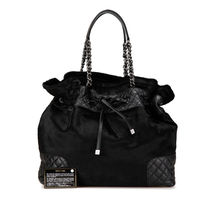 Pony Hair and Quilted Aged Calfskin Drawstring Tote Black - Gaby Paris