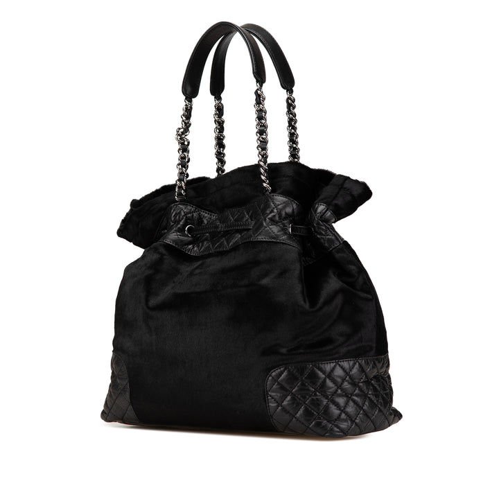 Pony Hair and Quilted Aged Calfskin Drawstring Tote Black - Gaby Paris