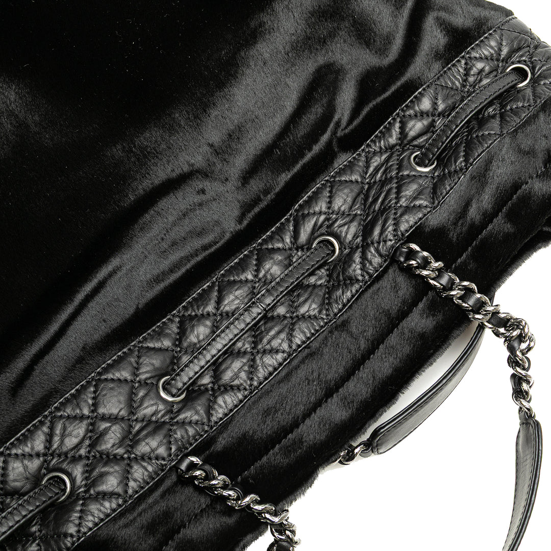 Pony Hair and Quilted Aged Calfskin Drawstring Tote Black - Gaby Paris