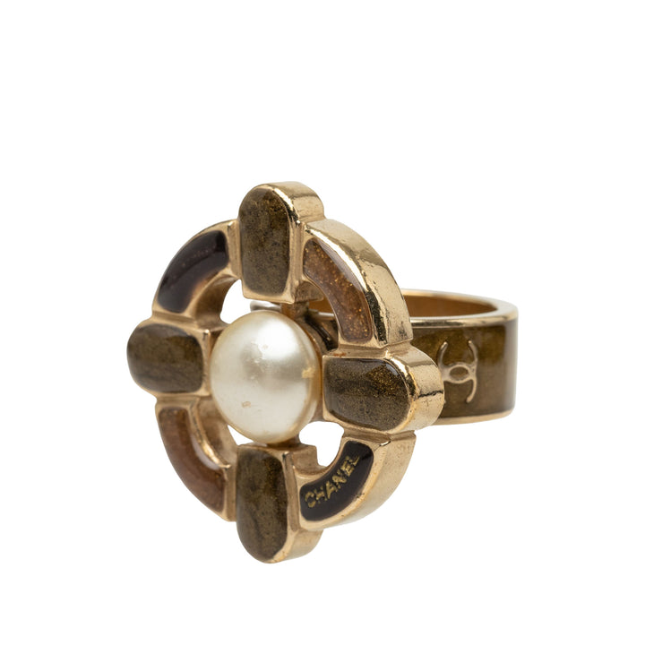 plaqué Logo et Émail Perles fantaisie Bague Doré