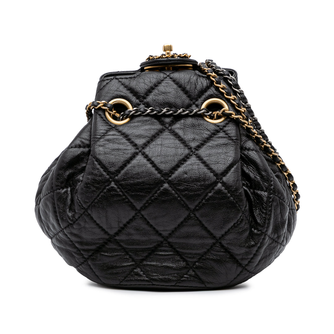CC Quilted Lambskin Chain Drawstring Bucket Bag Black - Gaby Paris