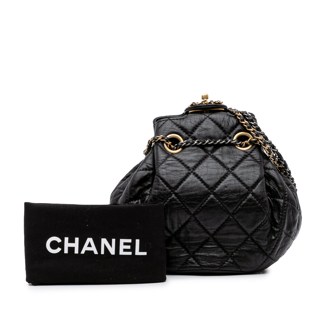 CC Quilted Lambskin Chain Drawstring Bucket Bag Black - Gaby Paris