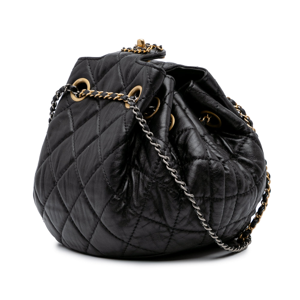 CC Quilted Lambskin Chain Drawstring Bucket Bag Black - Gaby Paris
