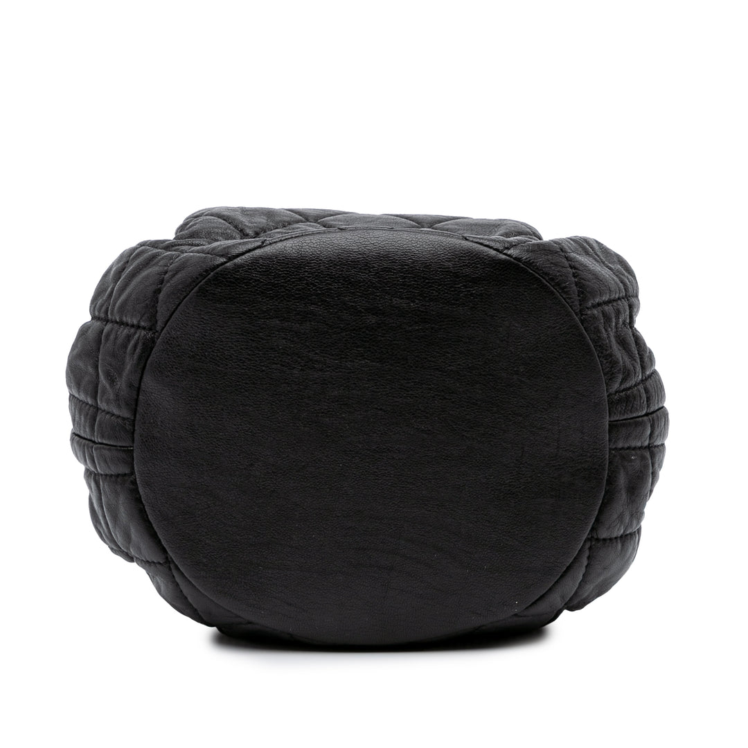 CC Quilted Lambskin Chain Drawstring Bucket Bag Black - Gaby Paris