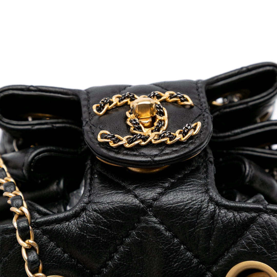 CC Quilted Lambskin Chain Drawstring Bucket Bag Black - Gaby Paris