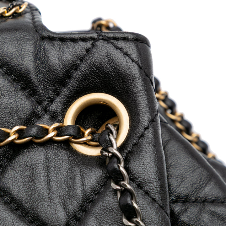 CC Quilted Lambskin Chain Drawstring Bucket Bag Black - Gaby Paris