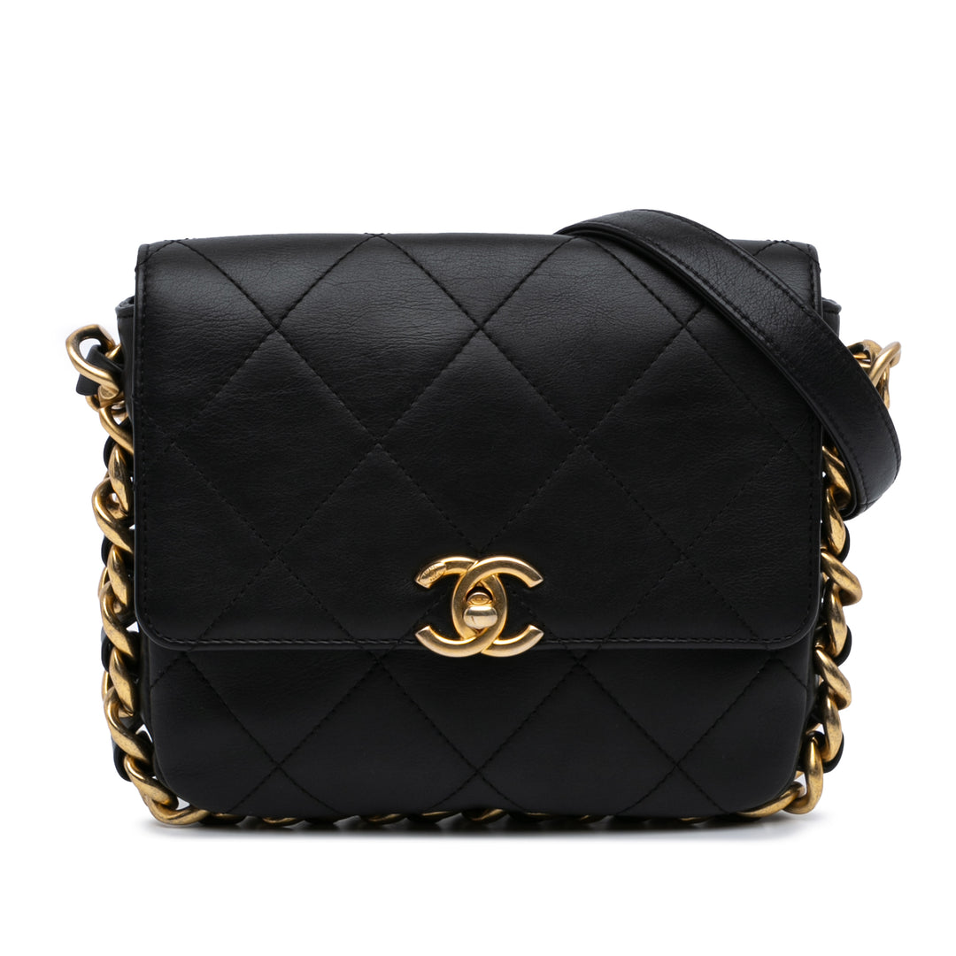 Small Quilted Calfskin Framing Chain Flap Black - Gaby Paris