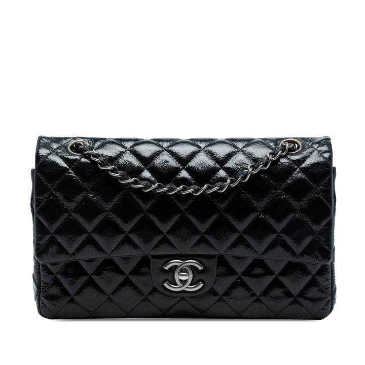 Chanel Medium Classic Crinkled Cuir verni Double rabat Bleu – GABY PARIS Authentique