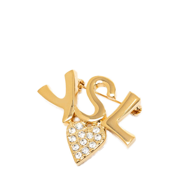 Saint Laurent plaqué Logo et Cristal Heart Broche Doré