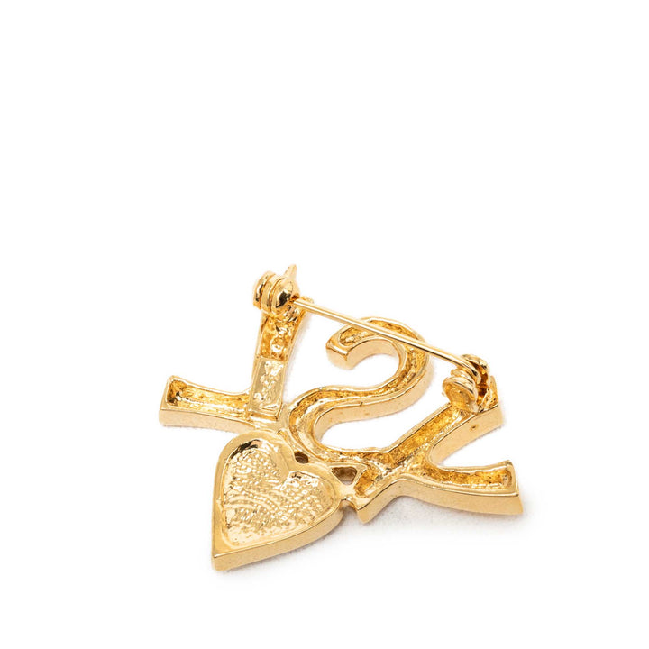 Saint Laurent plaqué Logo et Cristal Heart Broche Doré