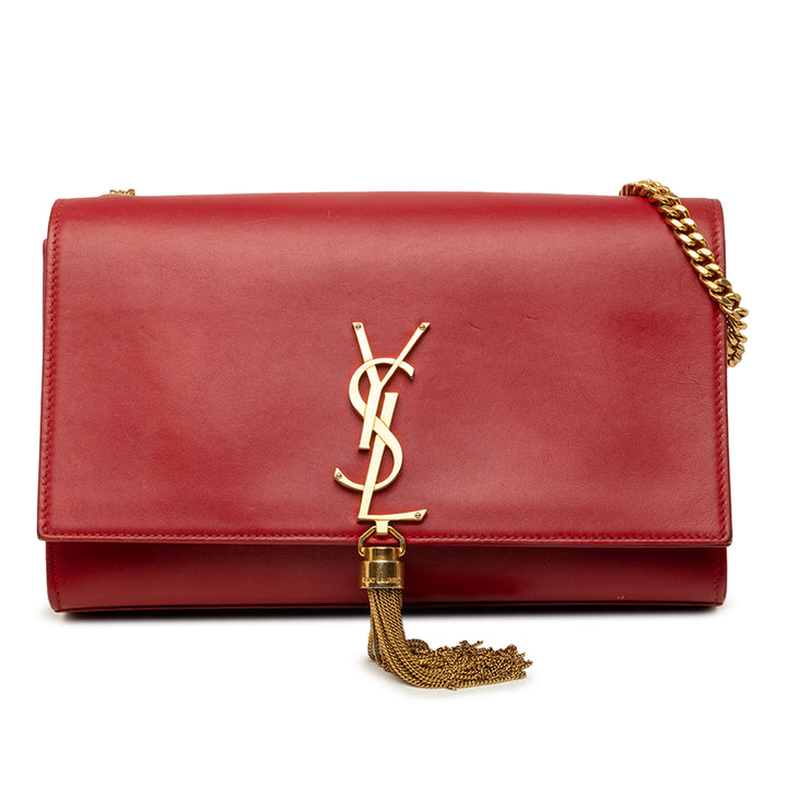Saint Laurent Classic Kate Pompon Sac Moyen Cuir de veau lisse Rouge – vue principale – GABY PARIS
