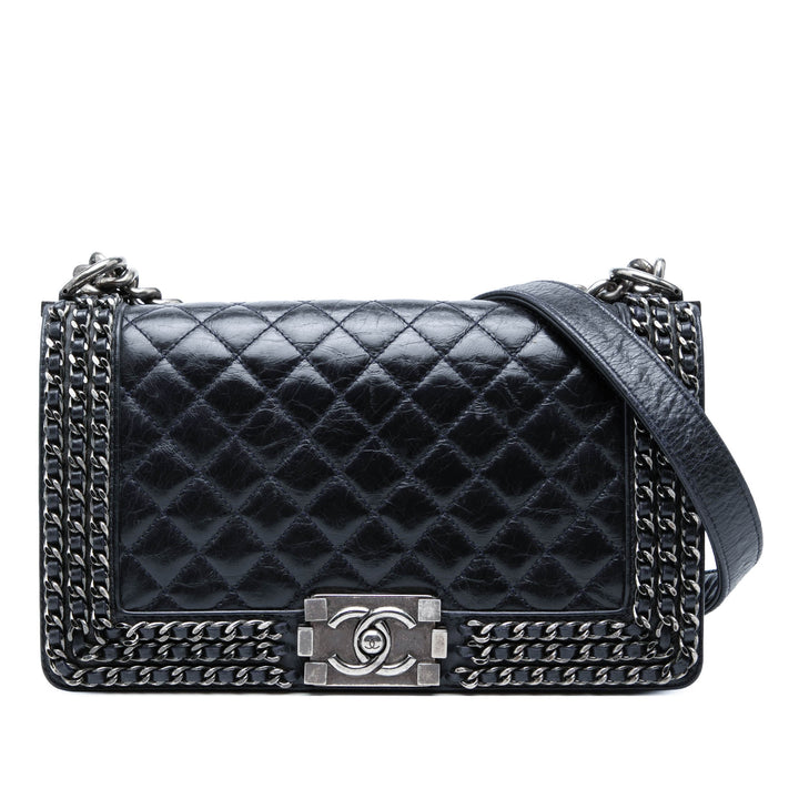 Chanel Old Medium Matelassé Glazed Cuir de veau Sac rond à chaîne Boy à rabat