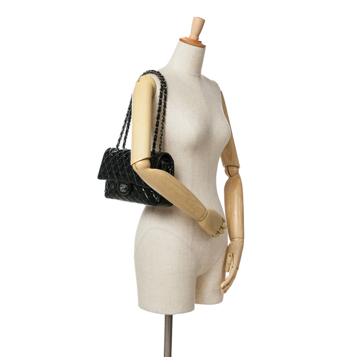Medium Classic Patent Double Flap Black - Gaby Paris