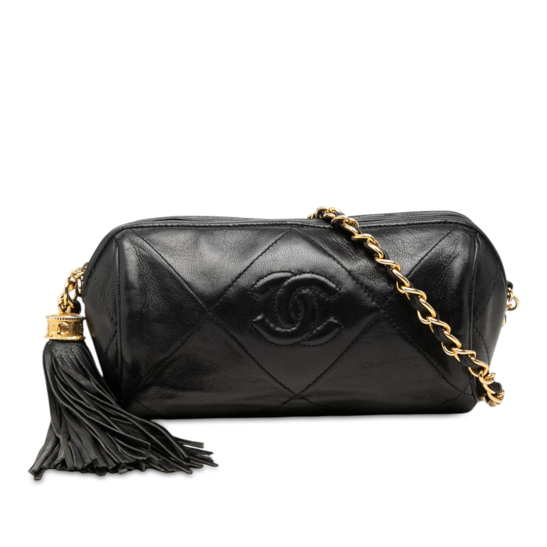 Matelassé Pompon Barrel Sac Cuir d'agneau Noir