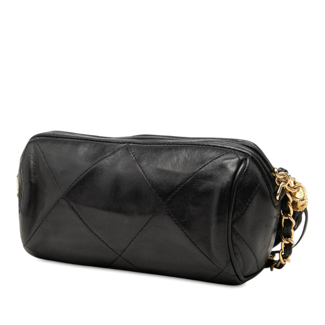 Matelassé Pompon Barrel Sac Cuir d'agneau Noir
