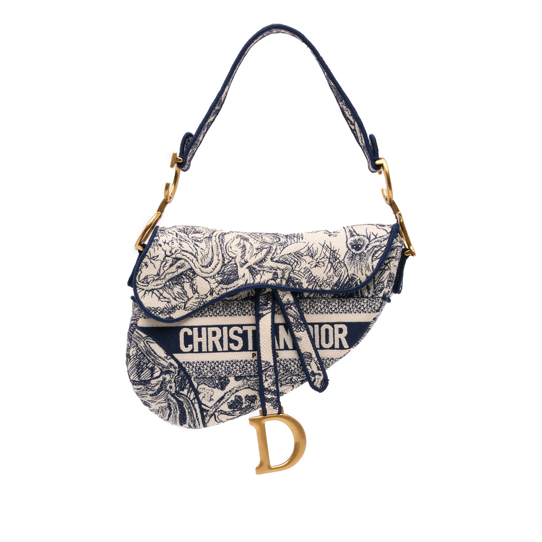 Canvas Embroidered Toile de Jouy Saddle Bag Blue - Gaby Paris