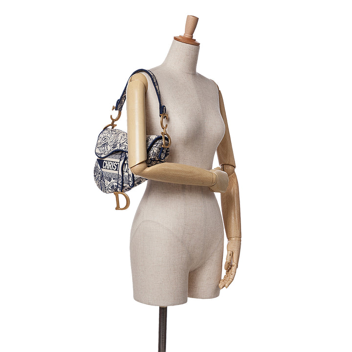 Canvas Embroidered Toile de Jouy Saddle Bag Blue - Gaby Paris