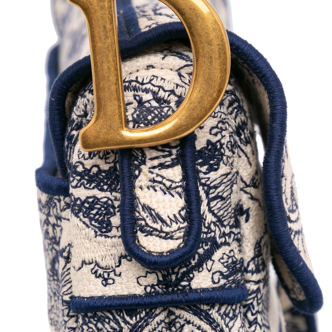 Canvas Embroidered Toile de Jouy Saddle Bag Blue - Gaby Paris