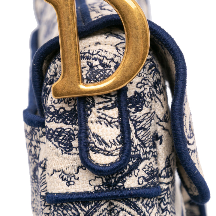 Canvas Embroidered Toile de Jouy Saddle Bag Blue - Gaby Paris