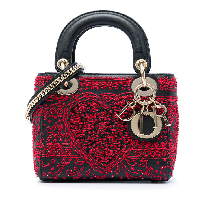 Dior brodé Heart Playing Cards Lady Dior Mini Cuir de veau lisse Noir – vue principale – GABY PARIS