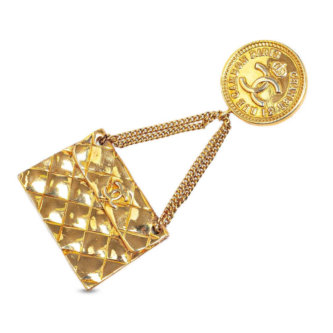 Gold Plated CC Quilted Flap Bag Brooch Gold - Gaby Paris