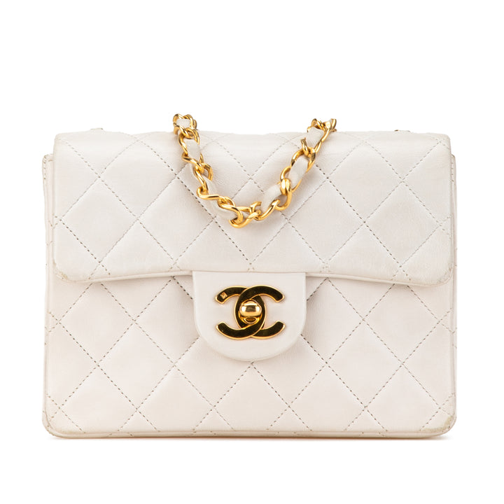 Mini Square Classic Lambskin Single Flap White - Gaby Paris