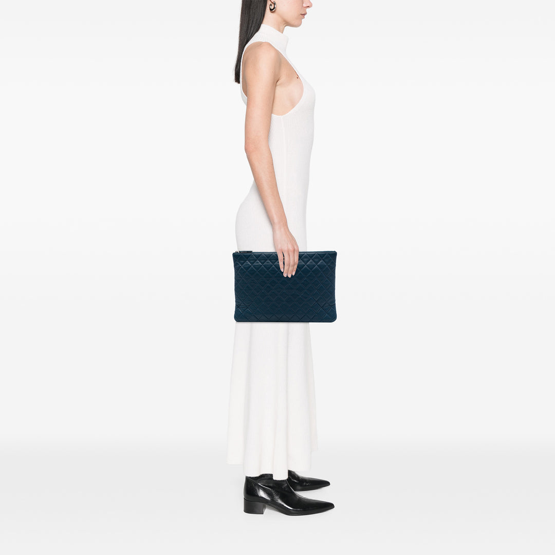 Matelassé O Étui Pochette Grand Cuir d'agneau Bleu