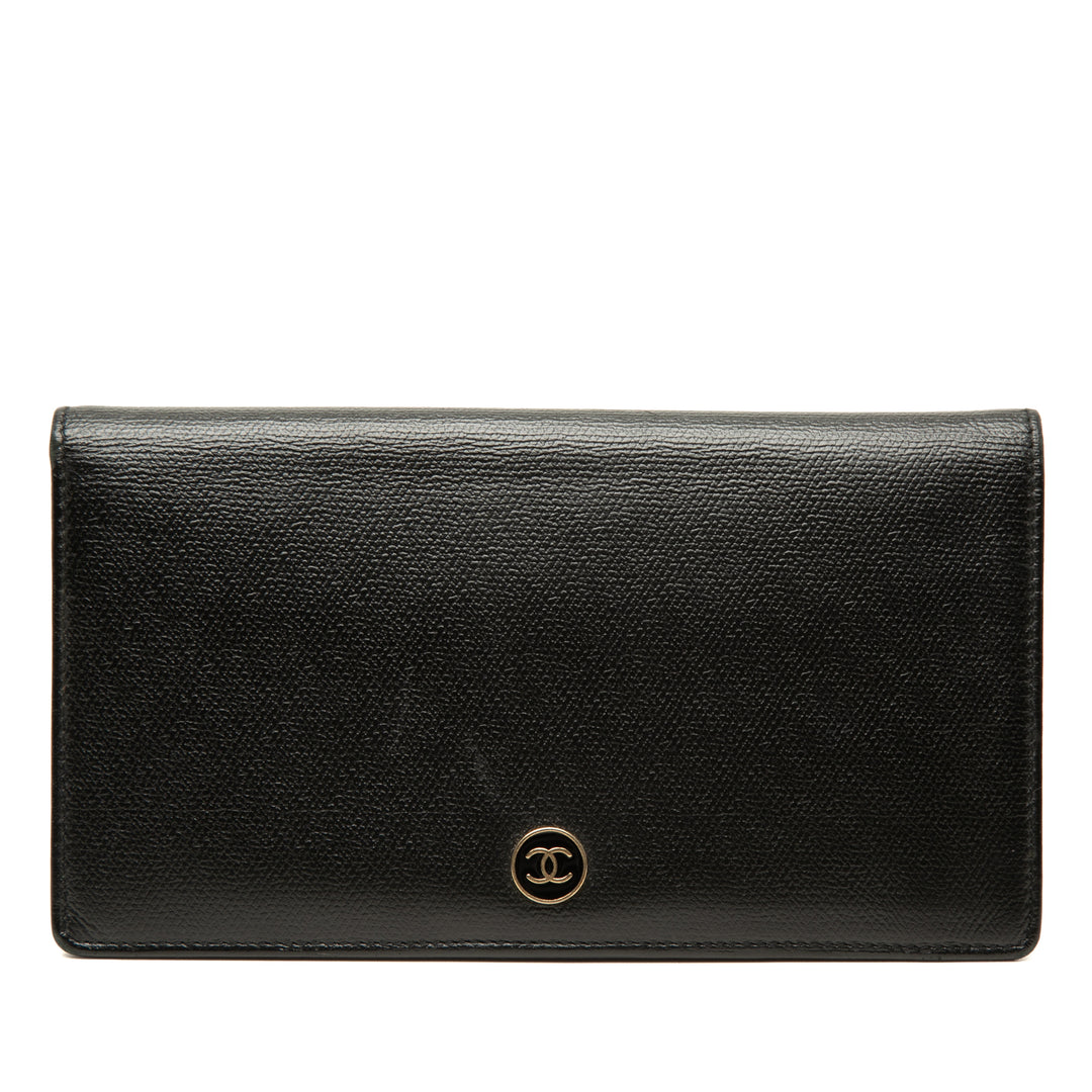 CC Bouton Deux volets Portefeuille long Cuir de veau Noir
