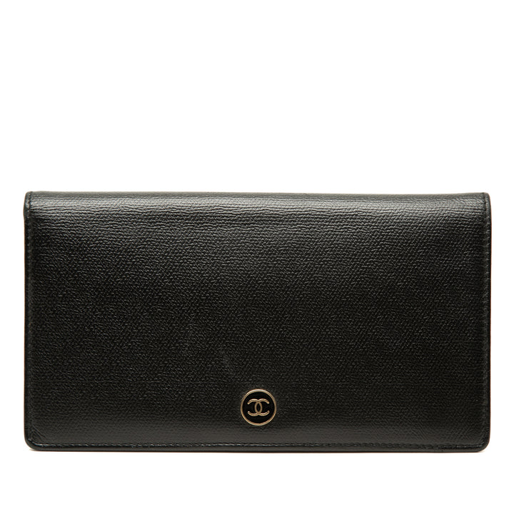 CC Bouton Deux volets Portefeuille long Cuir de veau Noir