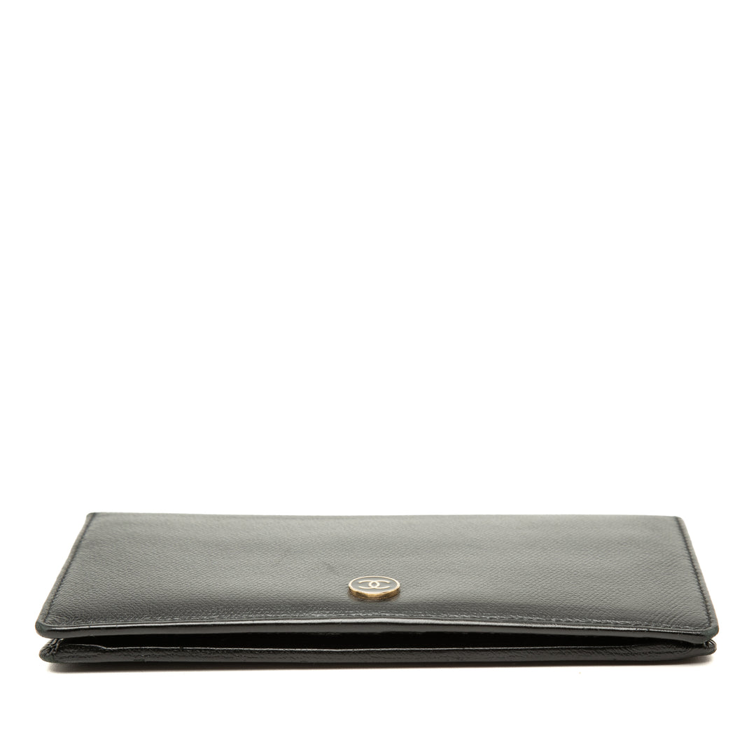 CC Bouton Deux volets Portefeuille long Cuir de veau Noir