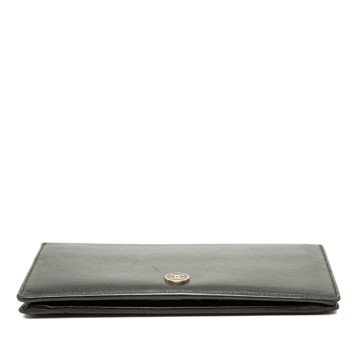 CC Bouton Deux volets Portefeuille long Cuir de veau Noir