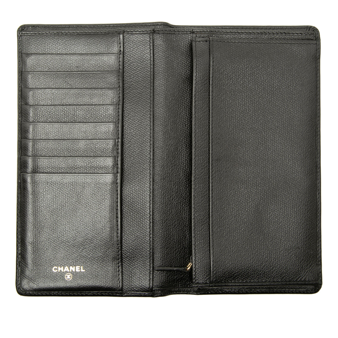 CC Bouton Deux volets Portefeuille long Cuir de veau Noir