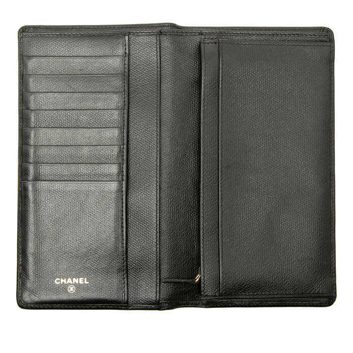 CC Bouton Deux volets Portefeuille long Cuir de veau Noir