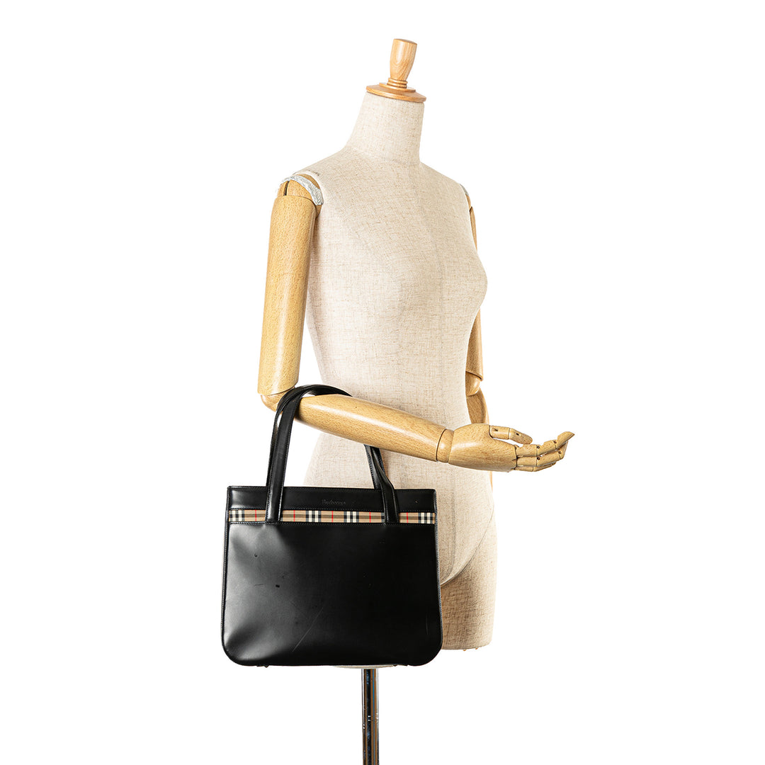 House Check Trimmed Leather Handbag Black - Gaby Paris