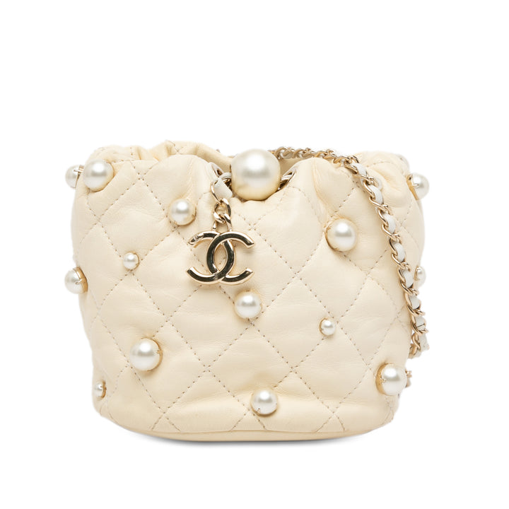 Mini Quilted Lambskin About Pearls Drawstring Bucket Bag White - Gaby Paris