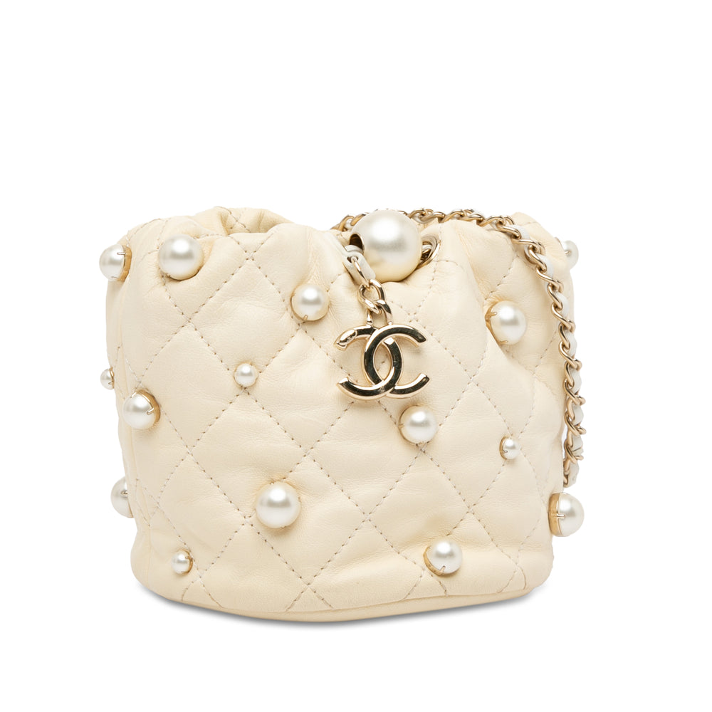 Mini Quilted Lambskin About Pearls Drawstring Bucket Bag White - Gaby Paris